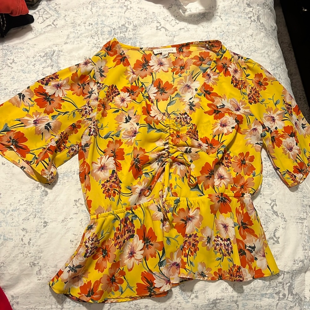 Yellow floral blouse with tie in front